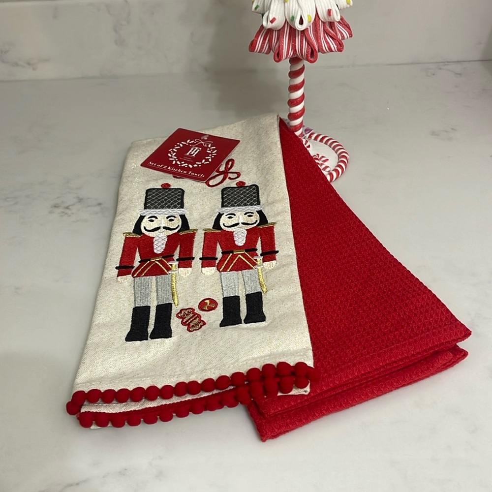 Kitchen Towels Christmas Nutcracker Joy Embroidered NWT Red with gold